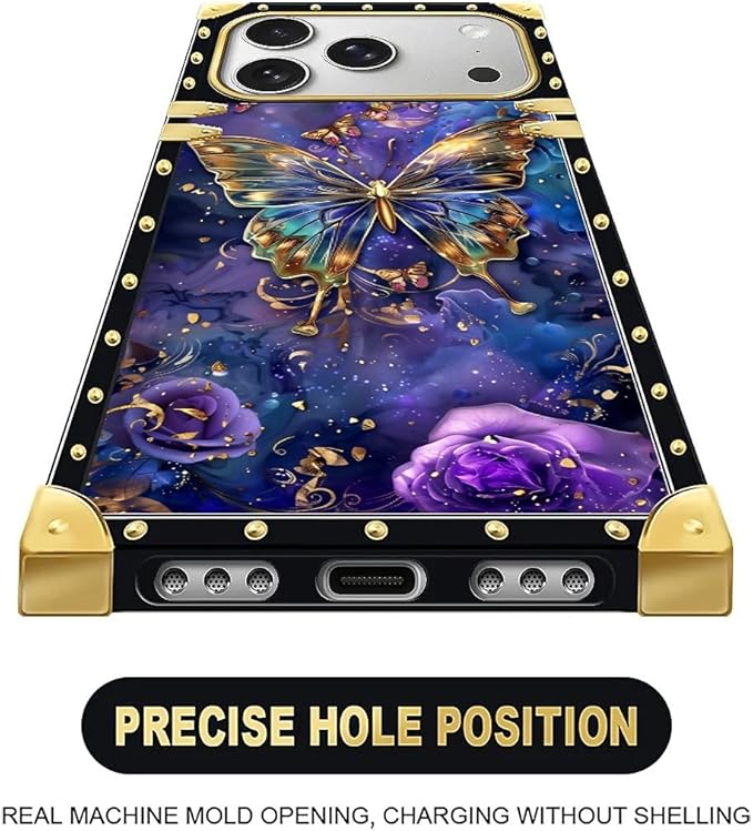 for iPhone 17 Pro Case Luxury Golden Decoration for Girl Women Soft TPU Shockproof Protective Hard PC Back for iPhone 17 Pro Crazy Pattern Glistening Golden Butterfly Vibrant Purple Blue