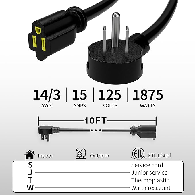 Vockjour 10 FT 2 Pack Black Low Profile Flat Plug 14 Gauge Heavy Duty Extension Cord, 14AWG 3-Wire Grounded Appliance Extension Cord, 15A/125V/1875W SJTW ETL Listed Power Cord