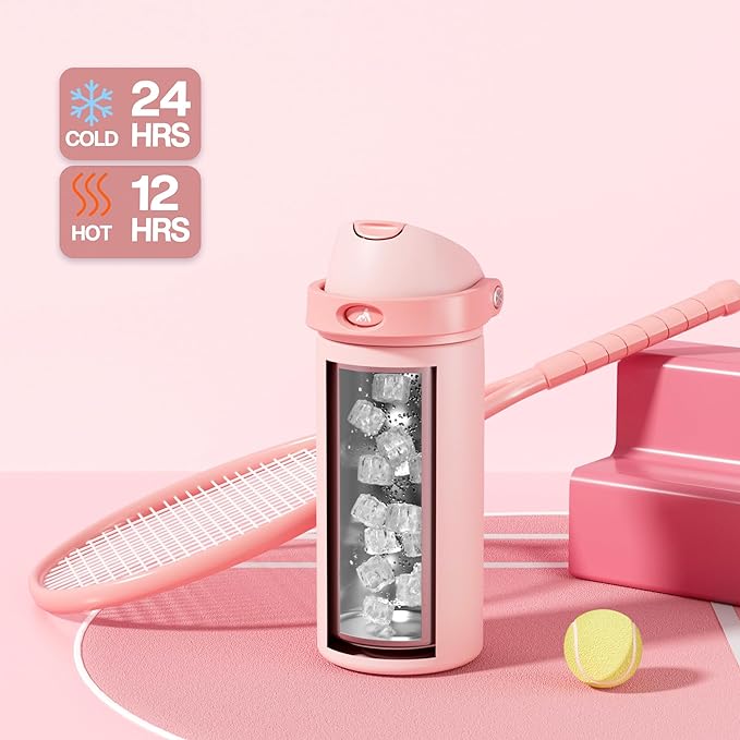 POWCAN 18 oz Insulated Water Bottle: 2-in-1 Push-Button Spout & Quick-Flip Straw, Leakproof, Cold 24Hrs, Fits Car Cup Holder, Stainless Steel Water Bottle for Sports, Travel, School (Cotton Candy)