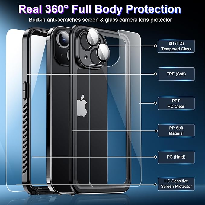 Red2Fire 2024 New for iPhone 14 Case Waterproof,[Built-in Screen Protector & Camera Protector][Full Body Shockproof][IP68 Underwater][Dustproof][Dropproof] Phone Case for iPhone 14 6.1" Black/Clear
