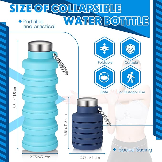 Baderke 2 Pcs Collapsible Water Bottles 17oz Silicone Travel Foldable Portable Water Bottle with Buckle Silicone Lightweight Reusable Leakproof for Camping Hiking Cycling Sport(Navy Blue,Blue)