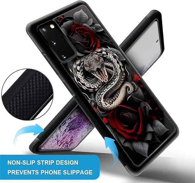 for Samsung Galaxy S20 Case, Entwined Rose Snake Pattern Graphic Design Girl Boy Soft Silicone Hard Acrylic Shock Protection for Samsung Galaxy S20