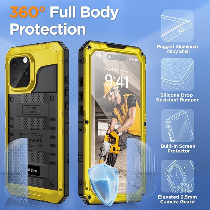 Mitywah Waterproof Case for iPhone 16 Pro, Shockproof Heavy Duty Case with Built-in Screen Protector, Underwater Full Body Protective Metal Case 6.3 inch, Yellow