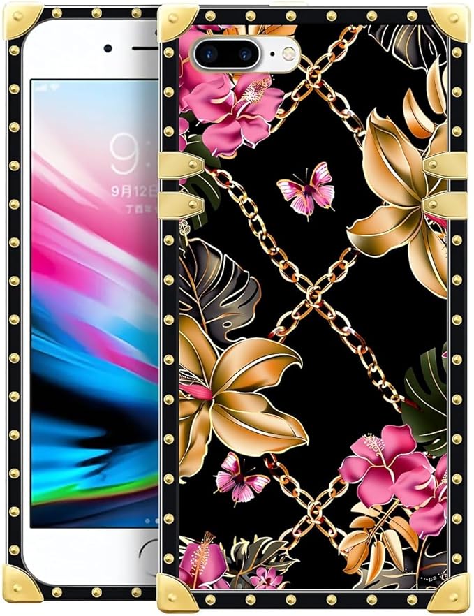 Compatible with iPhone 8 Plus 7 Plus Case, Pink Golden Chain Tropical Flower Luxury Golden Decoration for Girl Women Soft TPU Shockproof Protective Hard PC Back
