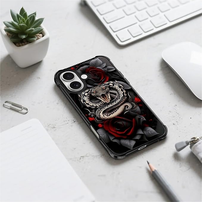 for iPhone 17 Case,for MagSafe Graphic Design for Girl Boy Soft Silicone Hard Acrylic Shock Protection Designed for iPhone 17 Entwined Rose Snake Pattern