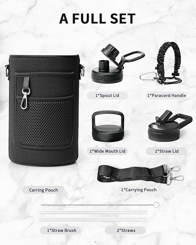 Trebo Water Bottle 64oz with Paracord Handle, Half Gallon Large Vacuum Triple Wall Stainless Steel Insulated Water Jug with Holder Strap Straw Spout Lids, Leakproof Keep Cold & Hot,Starry White