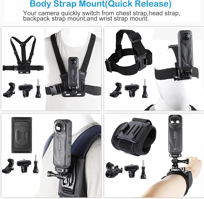 Accessories Kit for Insta360 One X5/X4/X4 Air/X3/X2, One R, X and GoPro Hero 9,New Quick Release Head Strap Mount + Chest Mount Harness + Backpack Strap Clip + 360°Rotating Wrist Strap