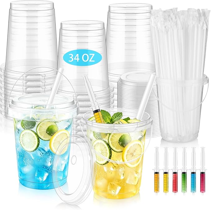 30 Sets 34 oz Drink Buckets with Lids and Straws, Disposable Clear Plastic Party Cups with Handles for Rum, Iced Coffee, Smoothies, Milkshakes, Sturdy Beverage Tubs for Pool Beach and Outdoor Parties