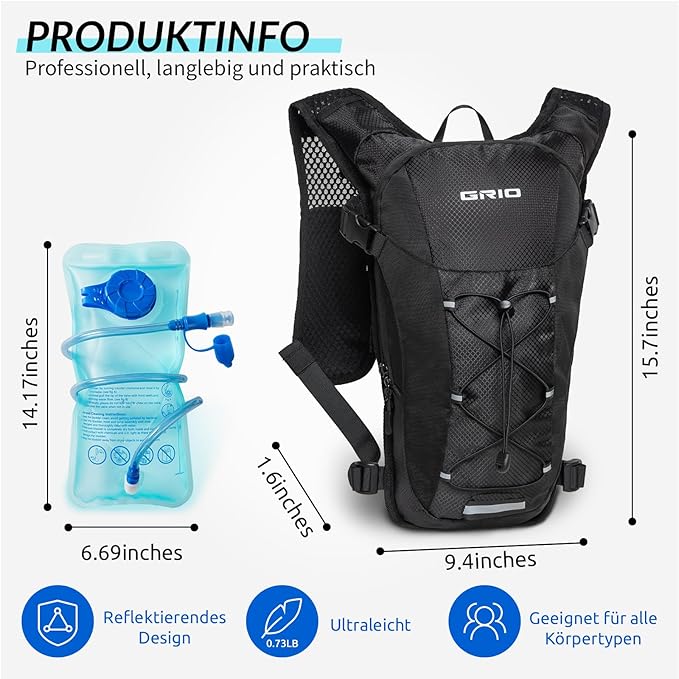 GRIO Hydration Running Vest for Women Men, Water Backpack for Hiking ,with 1.5L Water Bladder, Lightweight Breathable Reflective Hydration Pack for Marathon, Trail, Hiking, Cycling