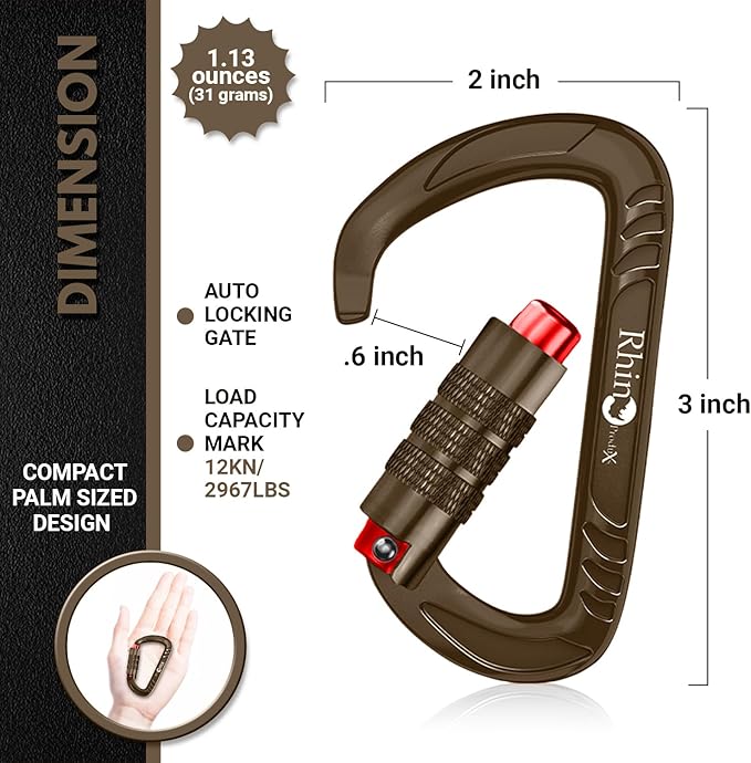 Rhino Produxs 12kN (2697 lbs) Heavy Duty Carabiner Clips, for Securing Pets, Outdoor, Camping, Hiking, Hammock, Dog Leash Harness, Keychains