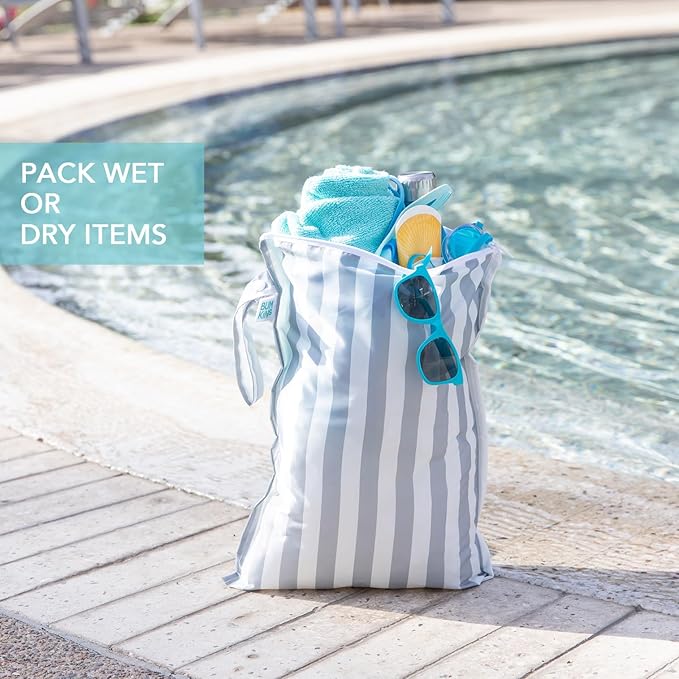 Bumkins - Larger Waterproof Wet Bag - For Baby, Travel, Swim Suit, Cloth Diapers, Pump Parts, Pool, Gym, Toiletry, Strap to Stroller - Reusable & Easy to Clean - 2pk - Gray & Green Stripe