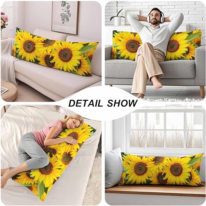 Sunflower Body Pillow Cover Yellow Sunflowers Field Decorative Body Pillow Covers Long Pillow Cushion Case Zipper Body Pillowcase Soft Cushion Cover for Bedding,Couch,Home 20"X54"