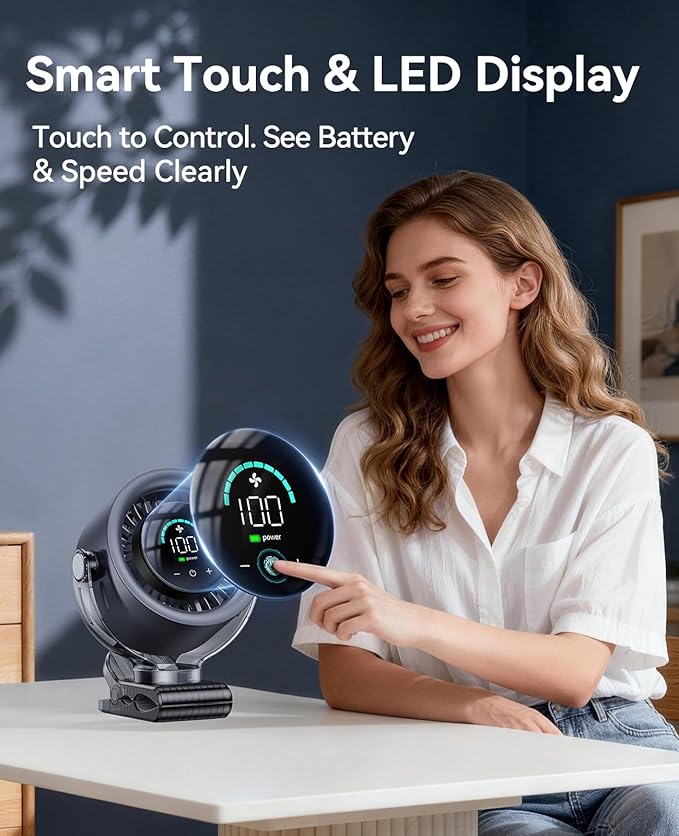 KIMMOO 4000mAh Rechargeable Portable Clip on Fan-100-Speed Touch Control, LED Display, 360° Rotate Quiet Turbo Desk Fan, Small Battery Operated USB Fan for Stroller Bed Travel Camping Golf Gym (Black)
