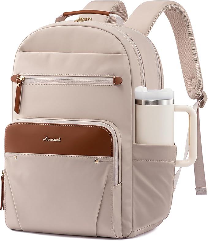 LOVEVOOK Laptop Backpack for Women with Leather Trim & Tumbler Pockets, 15.6" Work Backpack Purse, Travel Personal Item Bag, Carry On Business Computer Bag for Office, School, or Gift, Apricot Brown