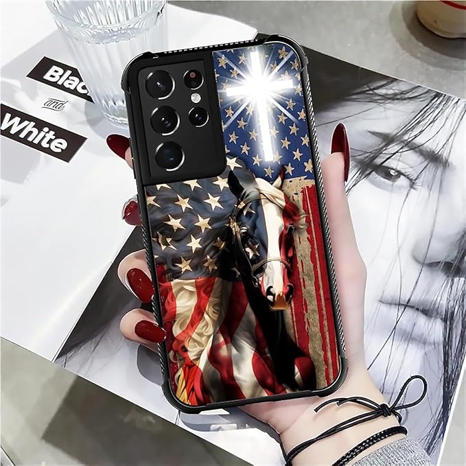for Samsung Galaxy S21 Ultra Case, Red American Flag Horse Cross Pattern Graphic Design Girl Boy Soft Silicone Hard Acrylic Shock Protection for Samsung Galaxy S21 Ultra
