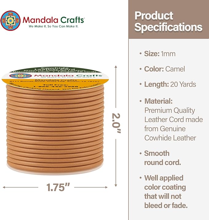 Mandala Crafts Round Genuine Camel Leather Cord for Jewelry Making – 1mm Cowhide Leather Rope String Lace for Kumihimo – 20 Yards Cowhide Craft Cording Spool