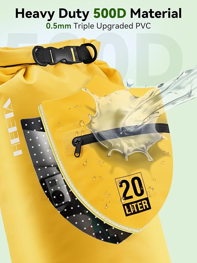 HEETA Waterproof Dry Bag with Front Zippered Pocket for Women Men, 5L/10L/20L/30L/40L Roll Top Lightweight Dry Storage Bag Backpack for Travel, Kayaking, Boating, Rafting, Camping, Hiking & Beach