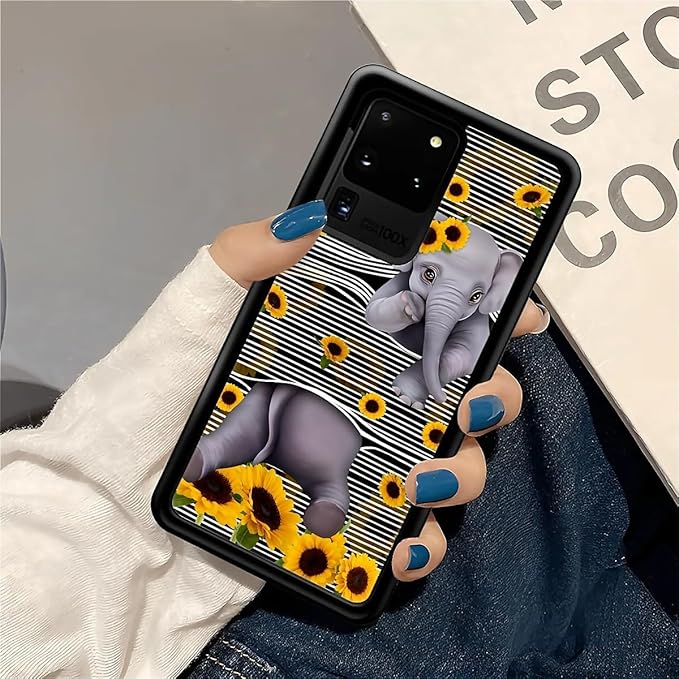 for Samsung Galaxy S20 Ultra Case, Cute Little Elephant Sunflower White Line Art Pattern Graphic Design Soft Silicone Hard Acrylic Shock Protection for Samsung Galaxy S20 Ultra