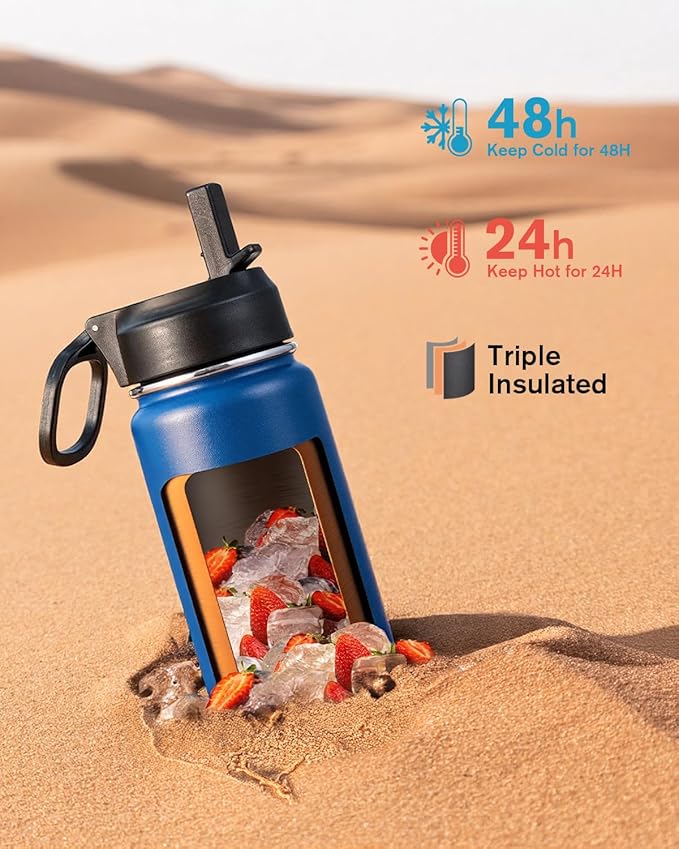 Coolflask Water Bottle 24 oz Insulated with Straw, Stainless Steel Metal 3 Lids Water Flask Wide Mouth for Sports or Office, Non-BPA Keep Cold Up to 48 Hrs or Hot Up to 24 Hrs, King's Blue