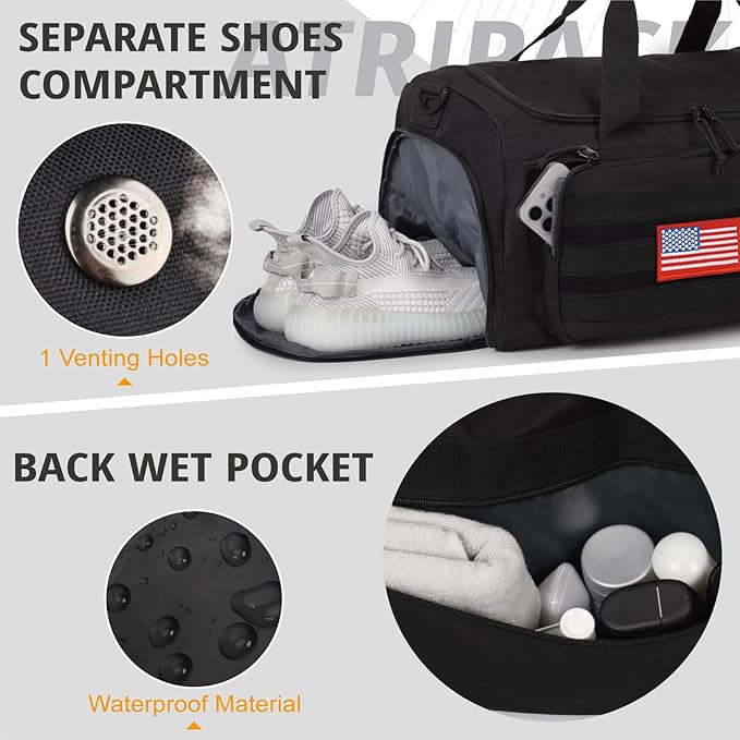 Tactical Gym Bag for Men, 60L Large Capacity Duffle Bags with Shoes Compartment, Sports Bag with wet compartment, Multi-functional Weekend Bags Suitable for Travel, Camping,hiking