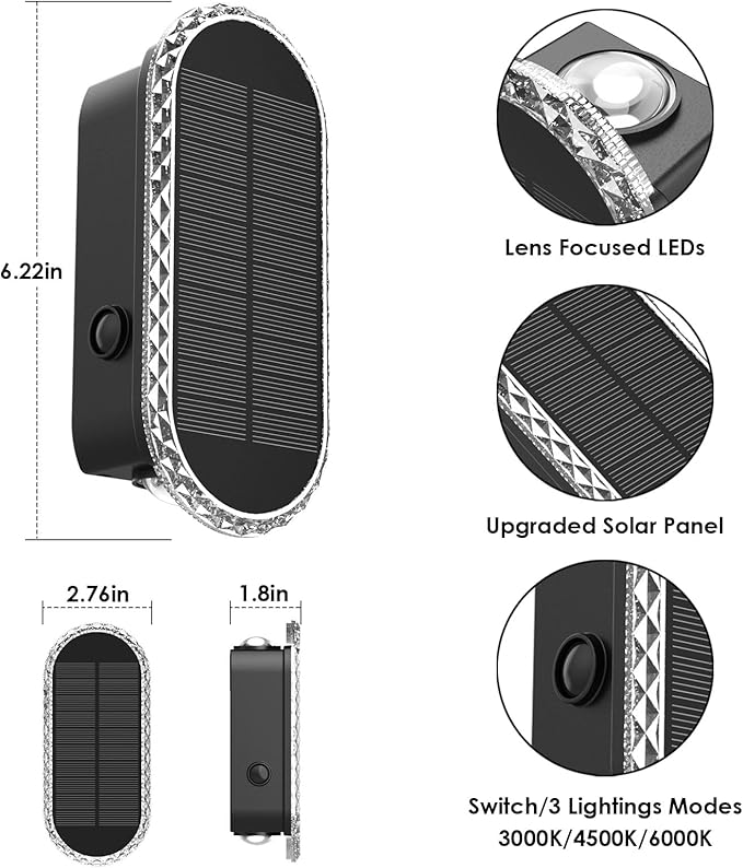 LIANGLOME 2PK Solar Fence Lights Outdoor - 3000/4000/6000K 3 Modes, IP65 Waterproof Fence Lights Solar Powered, Solar Wall Lights Outdoor for Backyard/Garden/Patio/Garage and Wall Decor