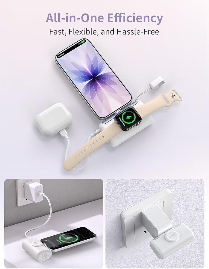 RORRY PalmGo Portable Charger, 10000mAh PD 22.5W Fast Charging Mini Power Bank with Built-in USB C Connector, 3-in-1 Battery Pack for iPhone 17/16/15 Pro/Max, Apple Watch Ultra/11/10/SE, iPad, White