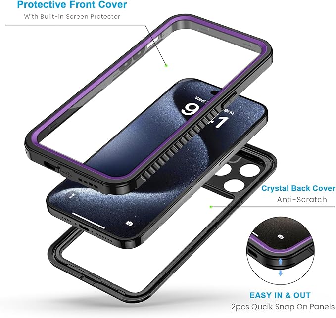 Lanhiem for iPhone 15 Pro Case, IP68 Waterproof Dustproof Shockproof Cases with Built-in Screen Protector, Full Body Sealed Protective Front and Back Cover for iPhone 15 Pro - 6.1 inch (Purple)