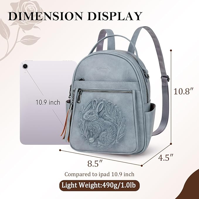 Mini Backpack Purse for Women,Embossed Leather Small Backpack Fashion Travel Backpacks Daypacks Shoulder Handbag(BLUE-Rabbit)