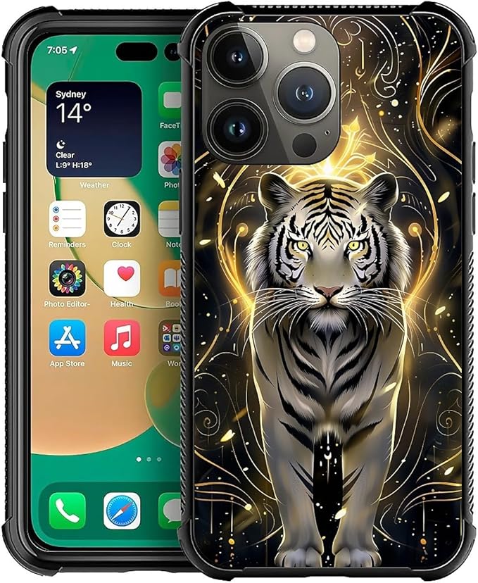 for iPhone 13 Pro Case, White Tiger Golden Mystery Pattern Graphic Design Girl Boy Soft Silicone Hard Acrylic Shock Protection for iPhone 13 Pro