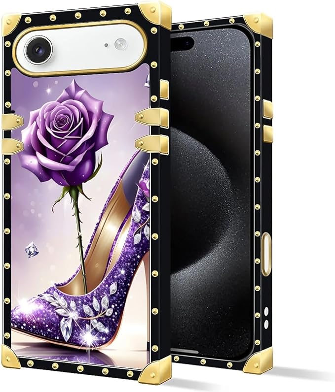 for iPhone 17 Air Case Luxury Golden Decoration for Girl Women Soft TPU Shockproof Protective Hard PC Back for iPhone 17 Air Crazy Pattern High Heeled Purple Diamond Rose