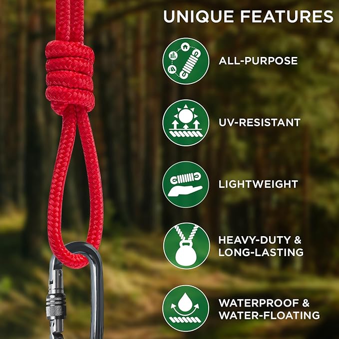 TECEUM Rope – 150 Feet x 1/4 Inch (7mm) – Red – Strong All-Purpose Utility Rope – Camping, Crafting, Flag Pole, Indoor & Outdoor – Polypropylene Nylon Poly Lightweight Diamond Braided Cord