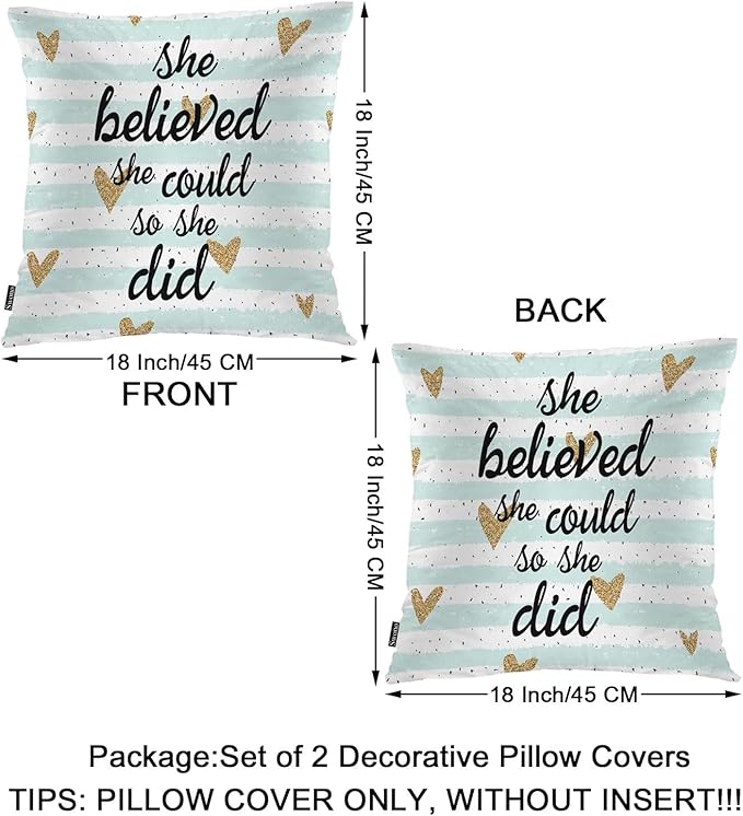 Swono Motivational Quote Pack of 2 Decorative Throw Pillow Covers Cushion Covers, She Believed She Could So She Did Couch Pillow Case Boho Cushion Pillowcase for Bedroom Sofa Living Room 18X18 Inch
