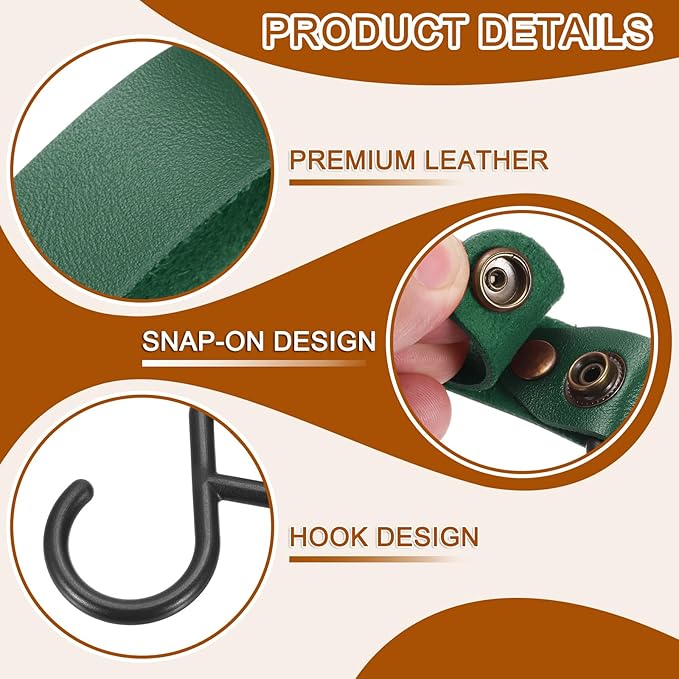 uxcell 5pcs PU Leather Hooks, S-Shape Hooks for Outdoor Camping Hanging Pots Pans Utensils Dark Green