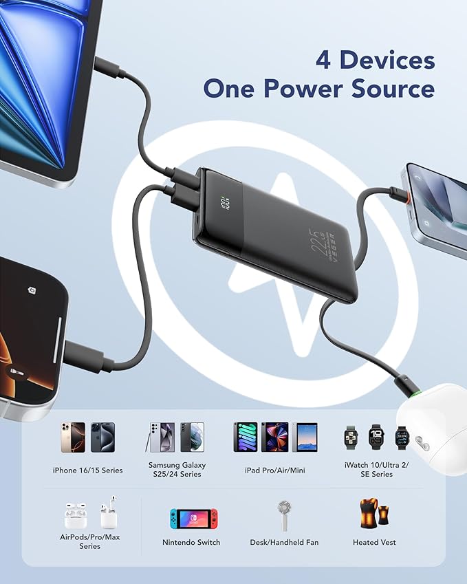 VEGER Portable Charger, Ultra Slim 22.5W Fast Charging with Built in Cable, Flight-Safe 10000mAh USB C Power Bank Battery Pack, Travel Essential Phone Powerbank for iPhone 17 16 Samsung S25 Google etc