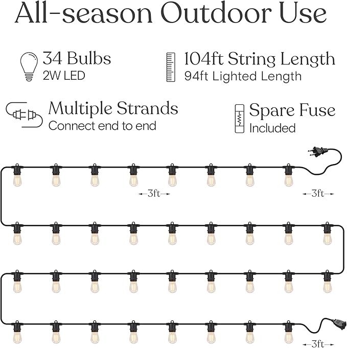 Brightech Ambience Pro 105Ft LED String Lights - 2W Commercial Grade Patio Lighting Outdoor Waterproof - Heavy Duty Dimmable Vintage Edison Porch Lights for Outside, Backyard - 34 Bulbs, Soft White