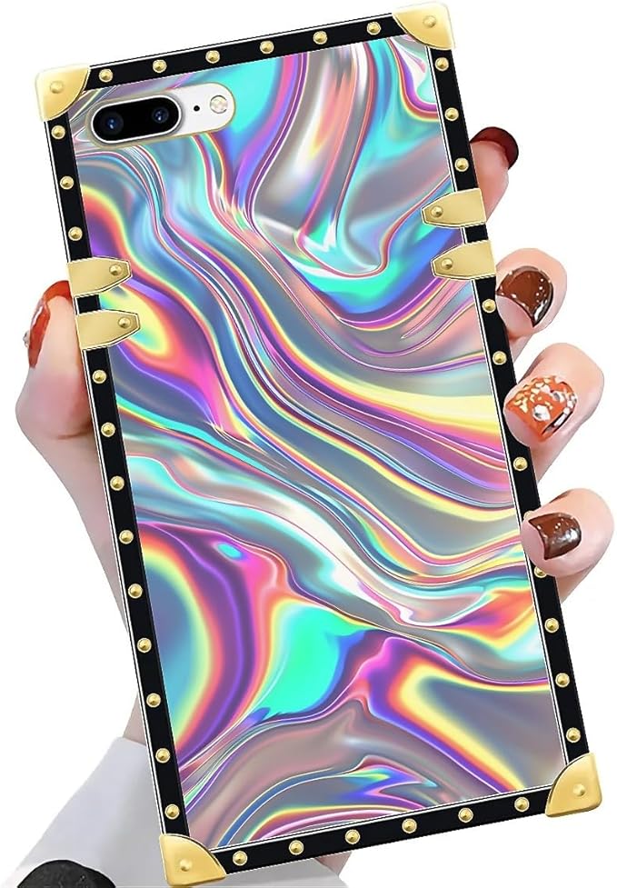 Compatible with iPhone 8 7 SE Case, Holographic Abstract Iridescent Textures Luxury Golden Decoration for Girl Women Soft TPU Shockproof Protective Hard PC Back for iPhone 8 7 SE