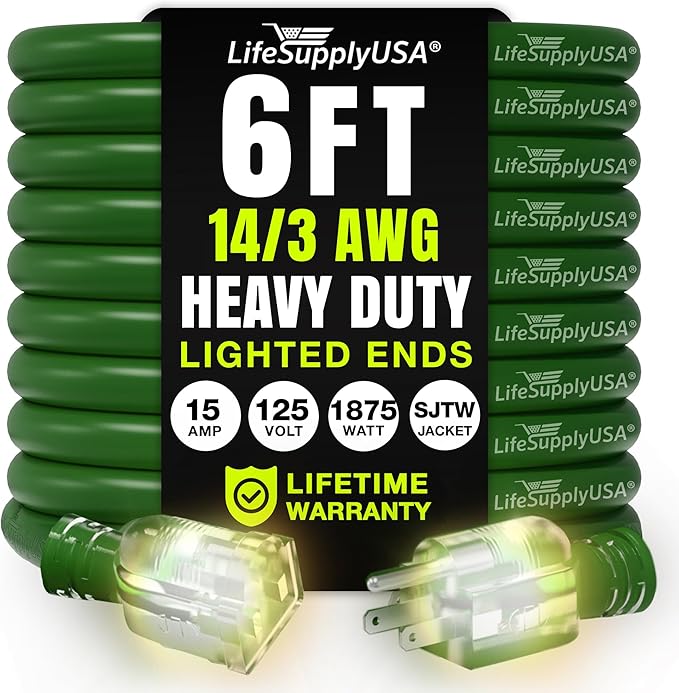 6ft Outdoor/Indoor Extension Cord 14/3 Gauge Heavy Duty 3 Prong SJTW, Waterproof, Flexible Cold-Resistant Long Power Cord,15A 125V 1875W, Green by LifeSupplyUSA