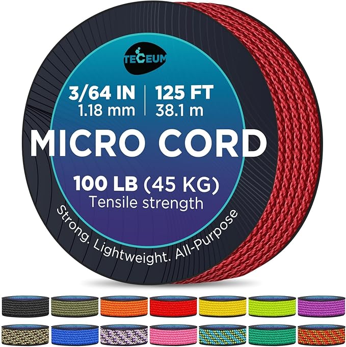 TECEUM Micro Paracord – 1.18 mm X 125 ft – Micro Utility Cord – Thin Braided Paracord Rope – Best for Crafting, DIY Projects, Fishing, Camping – Wind Chime Replacement – Survival Strong String
