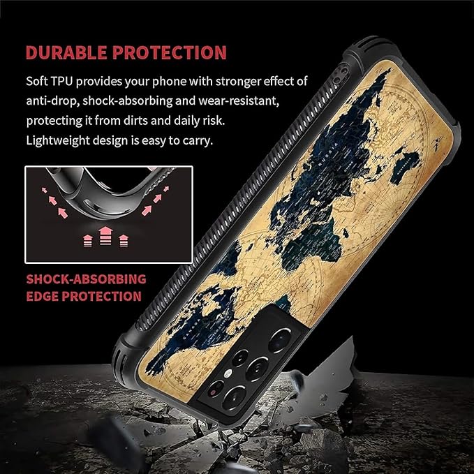 for Samsung Galaxy S21 Ultra Case, Brown World Map Pattern Graphic Design Girl Boy Soft Silicone Hard Acrylic Shock Protection for Samsung Galaxy S21 Ultra