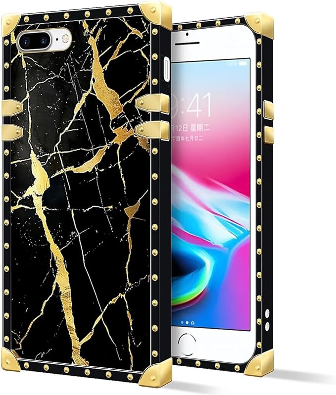 Compatible with iPhone 8 Plus 7 Plus Case, Black Gold Marble Nature Luxury Golden Decoration for Girl Women Soft TPU Shockproof Protective Hard PC Back for iPhone 8 Plus 7 Plus