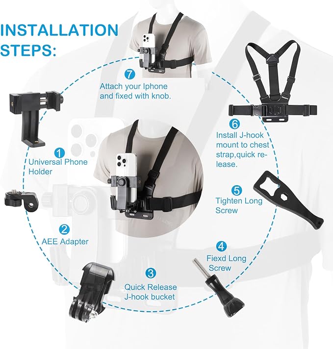 PellKing Mobile Phone Chest Mount Harness Strap Holder Cell Phone Clip Action Camera POV for Samsung iPhone Plus etc