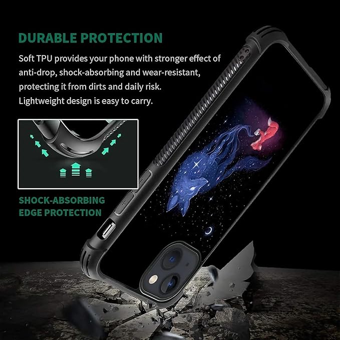 for iPhone 15 Case, Galaxy Fox Wolf Pattern Graphic Design Girl Boy Soft Silicone Hard Acrylic Shock Protection for iPhone 15