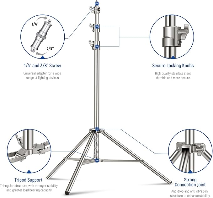 NEEWER 7.2ft/2.2m Stainless Steel Light Stand, Spring Cushioned Heavy Duty Photography Tripod Stand with 1/4” to 3/8” Screw Adapter for Strobe,LED Video Light,Ring Light, Monolight, Softbox