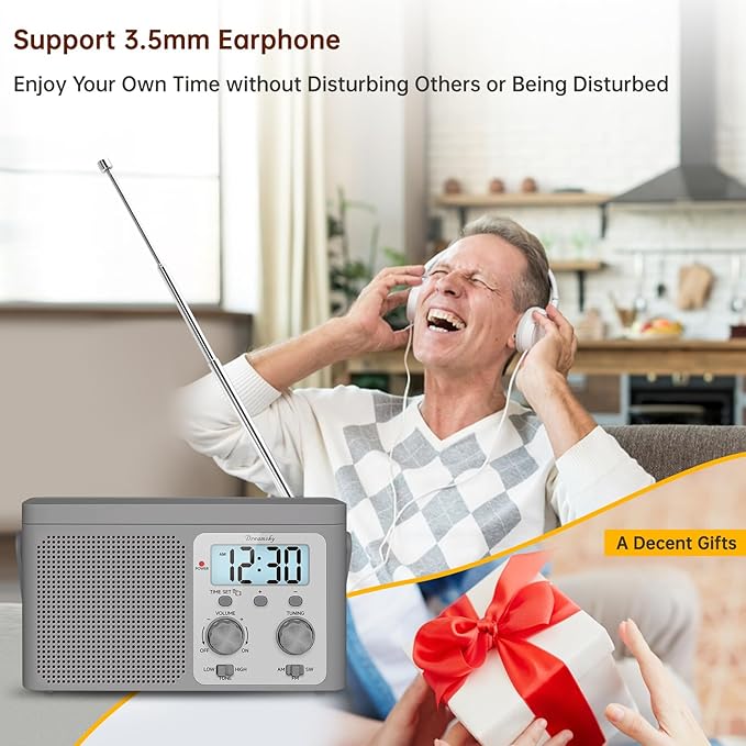 DreamSky AM FM Radio Portable - Shortwave Radio Battery Powered or Plug in Wall for Home Outdoor, Strong Reception, Large Dial Easy to Use, Digital Time Display, Transistor Antenna, Seniors Small Gift