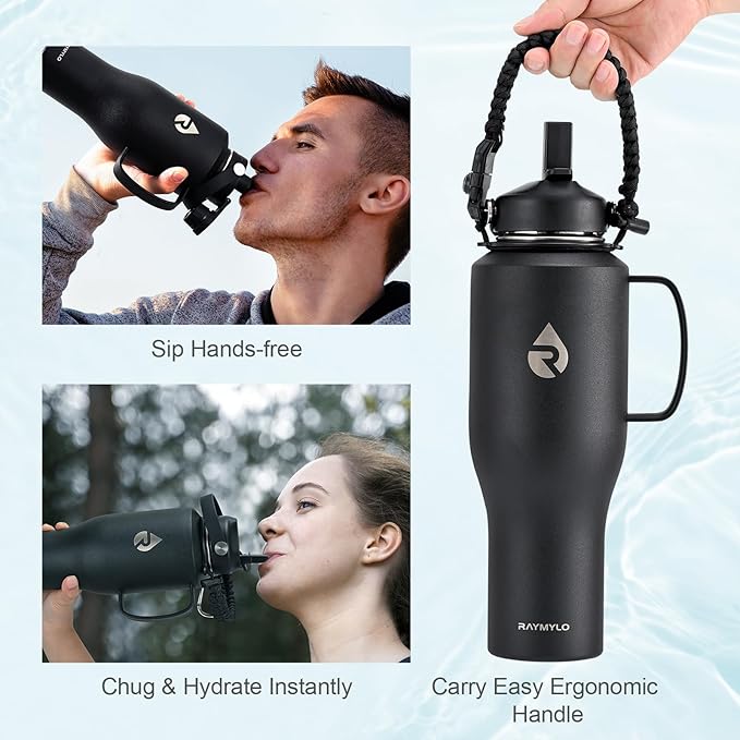 RAYMYLO Insulated Water Bottle 40oz (Cold for 48 Hrs), Stainless Steel Water Bottle with Handle & Straw Lid & Paracord Handle, Triple Wall Vacuum Leakproof Travel Flask, Fit in Any Car Cup Holder
