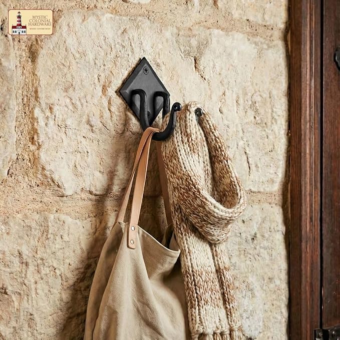 Mystic Colonial Rustic Hand Forged Iron Wall Hook with Two Hangers: Ideal for Victorian, Colonial, Retro, Steampunk, Gothic, and Baroque Settings 8.8 cm Black Pack of 1