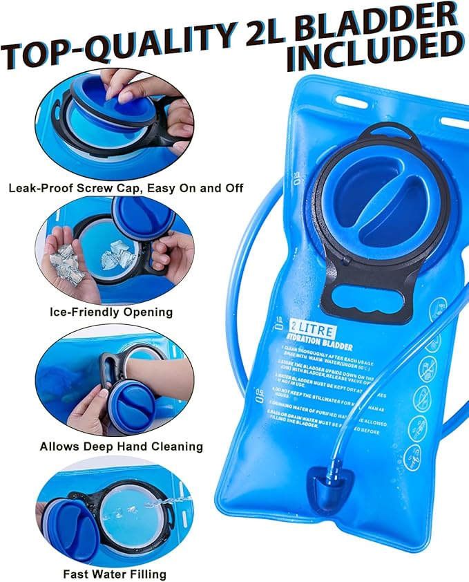 Hydration Backpack with 2L Water Bladder - Lightweight 15L Daypack with Phone-Sized Hip Belt Pockets, Anti-Chafe Cotton Edging & No-Bounce Straps - Small Water Backpack for Hiking, Running, Skiing