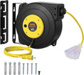 VEVOR Retractable Extension Cord Reel, 50 FT, Heavy Duty 14AWG/3C SJTOW Extension Power Cord with Lighted Triple Tap Outlet, 13A Circuit Breaker 180° Swivel Bracket for Ceiling or Wall Mount, Yellow