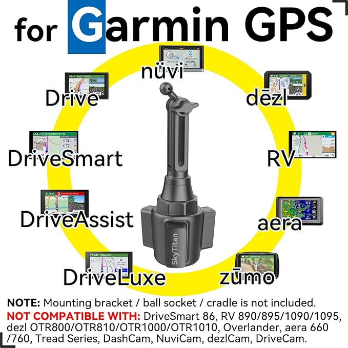for Garmin GPS Car Mount Cup Holder Replacement 17mm Ball Mount with Adjustable Height Angles fit Garmin Nuvi Drive Dezl Portable Navigator, Black