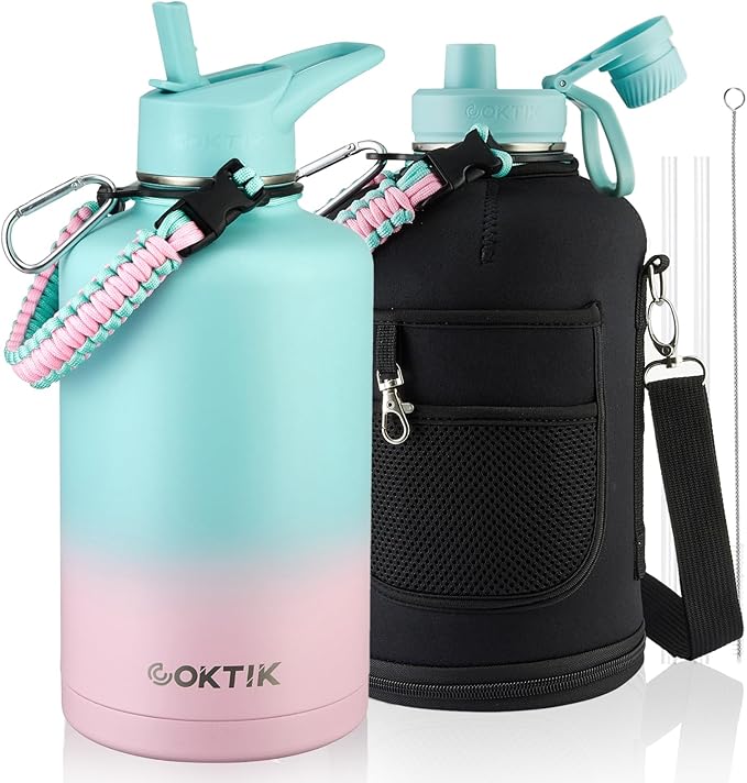 COKTIK 84oz Insulated Water Bottle - Stainless Steel Vacuum Metal, Portable ½ Gallon Large-Capacity Sports Bottle with Straw, Carry Bag and Handle Strap, Ideal for Gym & Hiking（Bubble Gum)